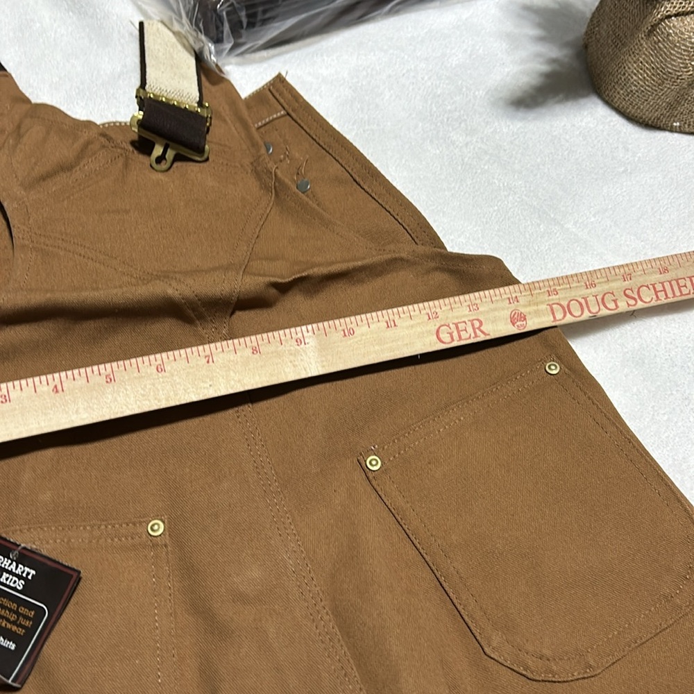 Vintage Carhartt Double Knee Bib Overalls Duck Canvas Tan Brown youth Workwear - Picture 13 of 13